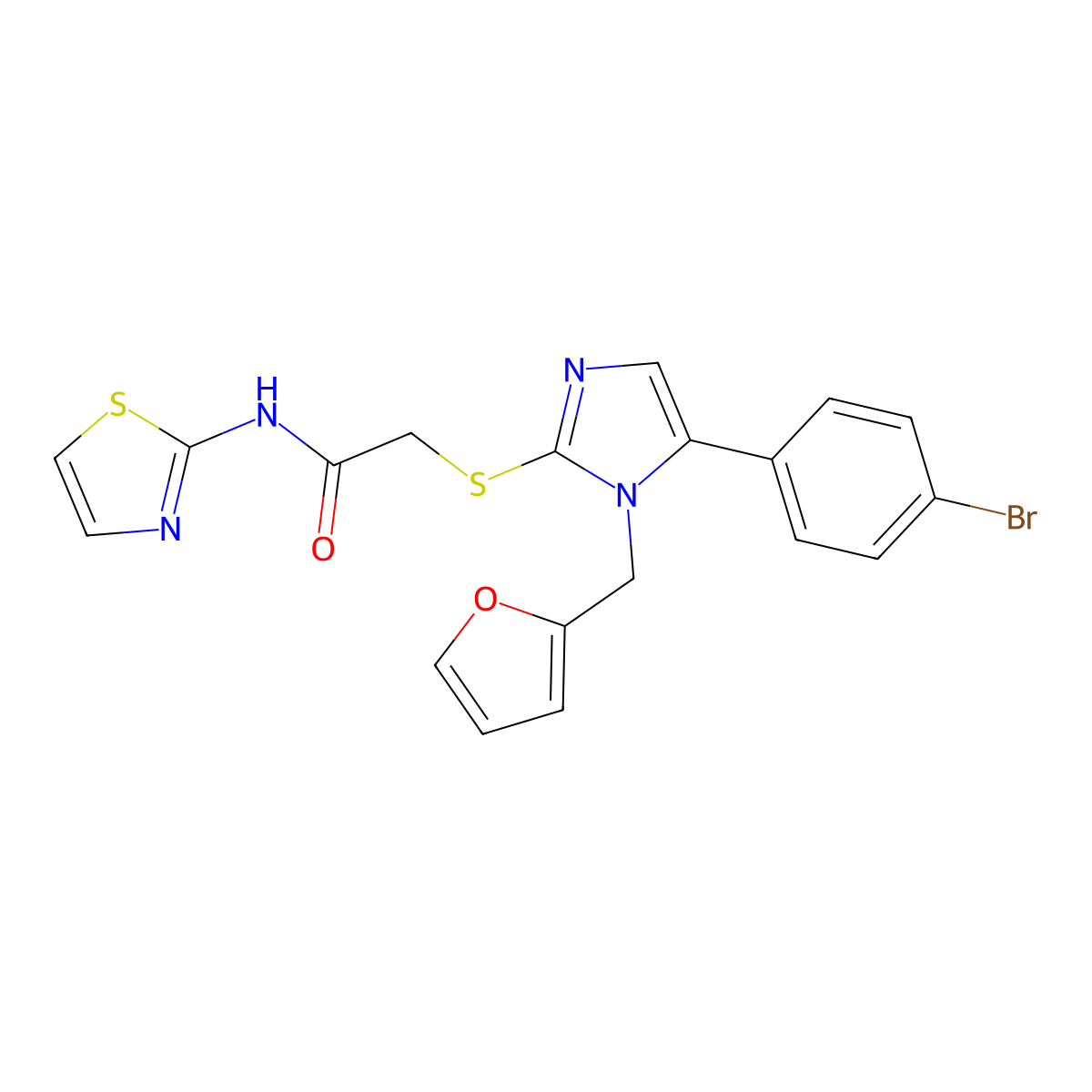 2-((5-(4-bromophenyl)-1-(furan-2-ylmethyl)-1H-imidazol-2-yl)thio)-N-(thiazol-2-yl)acetamide molecular structure, CAS 1206997-57-0