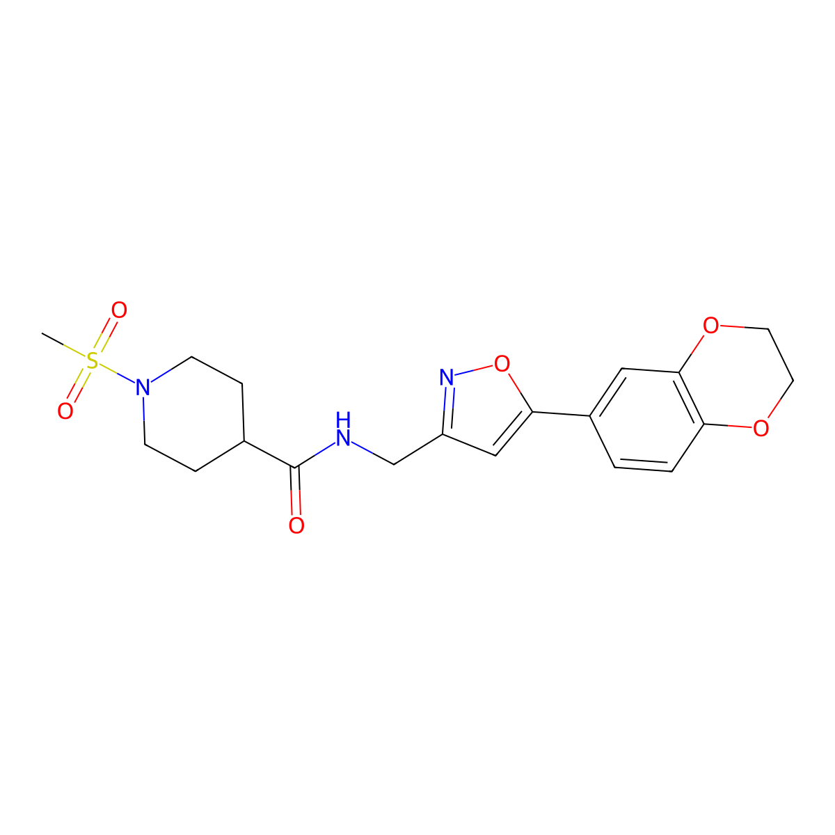 N-((5-(2,3-dihydrobenzo[b][1,4]dioxin-6-yl)isoxazol-3-yl)methyl)-1-(methylsulfonyl)piperidine-4-carboxamide molecular structure, CAS 1206997-77-4
