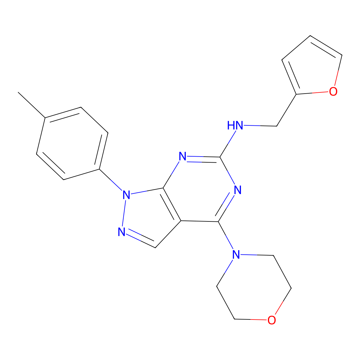 N-(furan-2-ylmethyl)-4-morpholino-1-(p-tolyl)-1H-pyrazolo[3,4-d]pyrimidin-6-amine molecular structure, CAS 1206997-86-5