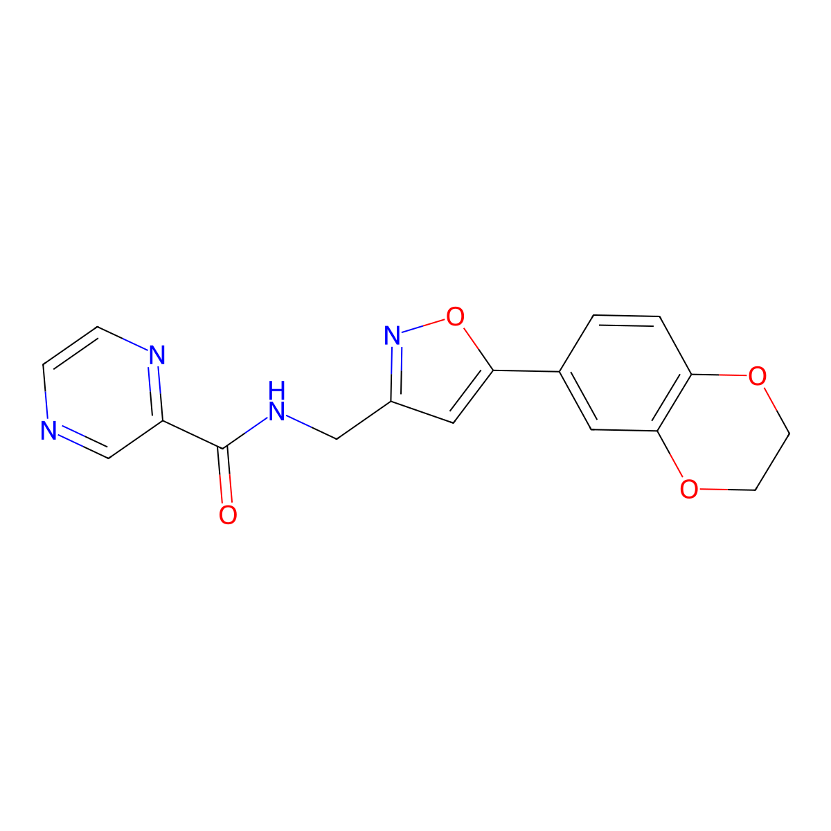 N-((5-(2,3-dihydrobenzo[b][1,4]dioxin-6-yl)isoxazol-3-yl)methyl)pyrazine-2-carboxamide molecular structure, CAS 1206997-87-6