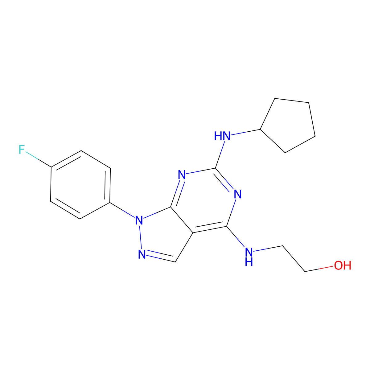 2-((6-(cyclopentylamino)-1-(4-fluorophenyl)-1H-pyrazolo[3,4-d]pyrimidin-4-yl)amino)ethanol molecular structure, CAS 1206997-88-7