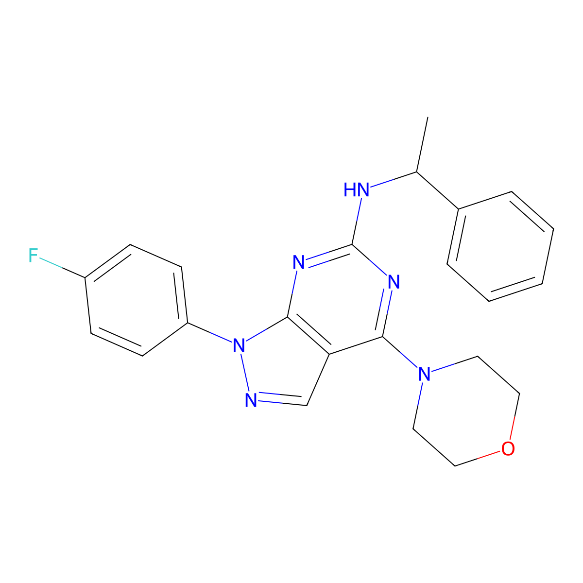 1-(4-fluorophenyl)-4-morpholino-N-(1-phenylethyl)-1H-pyrazolo[3,4-d]pyrimidin-6-amine molecular structure, CAS 1206997-91-2