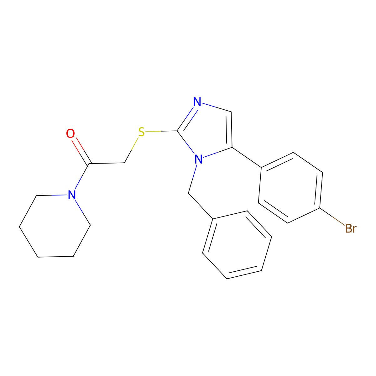 2-((1-benzyl-5-(4-bromophenyl)-1H-imidazol-2-yl)thio)-1-(piperidin-1-yl)ethanone molecular structure, CAS 1206997-95-6