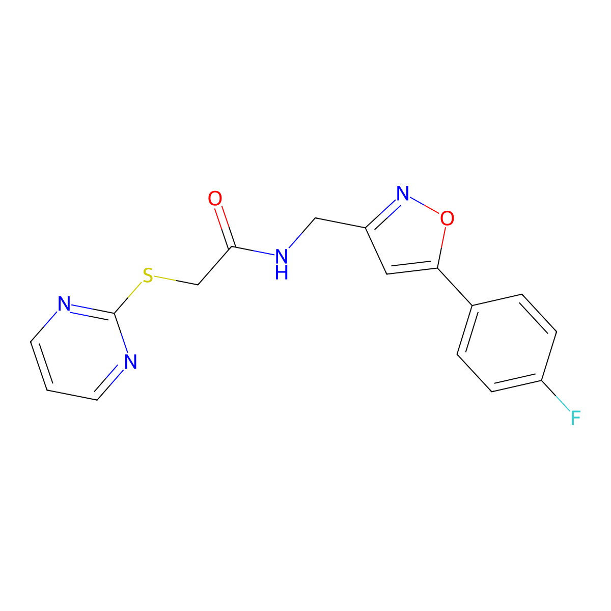 N-((5-(4-fluorophenyl)isoxazol-3-yl)methyl)-2-(pyrimidin-2-ylthio)acetamide molecular structure, CAS 1206998-09-5
