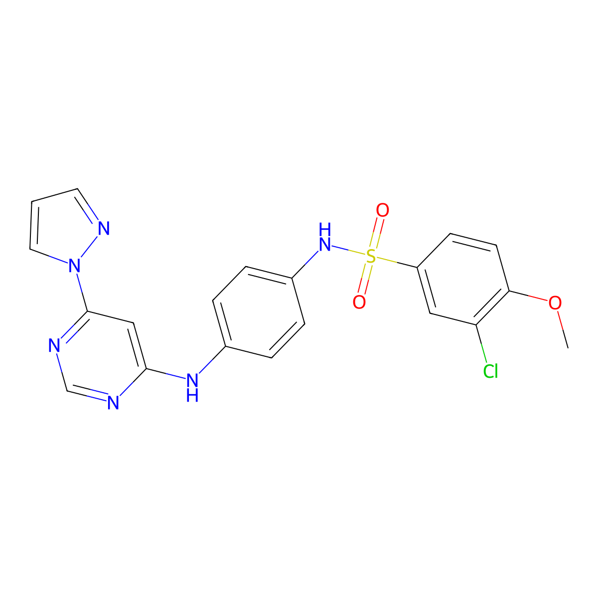 N-(4-((6-(1H-pyrazol-1-yl)pyrimidin-4-yl)amino)phenyl)-3-chloro-4-methoxybenzenesulfonamide molecular structure, CAS 1206998-10-8