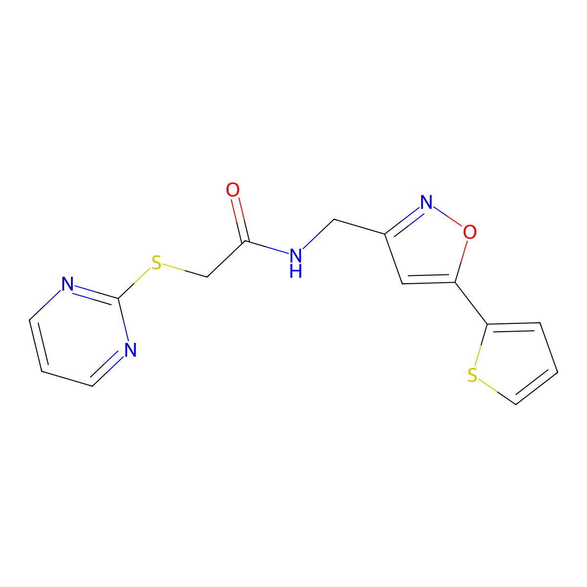 2-(pyrimidin-2-ylthio)-N-((5-(thiophen-2-yl)isoxazol-3-yl)methyl)acetamide molecular structure, CAS 1206998-17-5