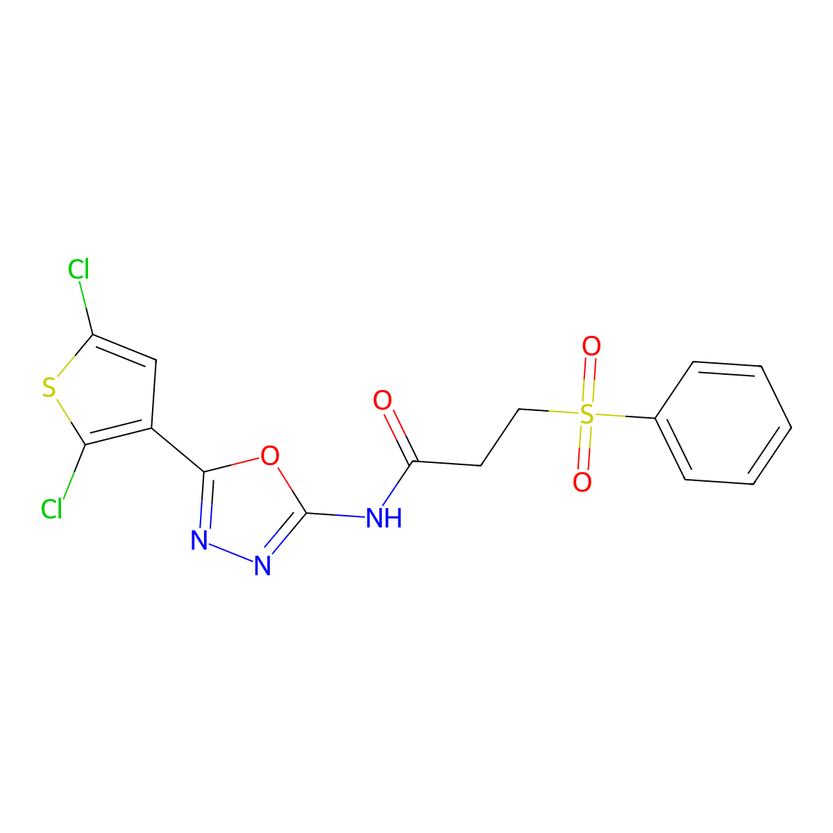 N-(5-(2,5-dichlorothiophen-3-yl)-1,3,4-oxadiazol-2-yl)-3-(phenylsulfonyl)propanamide molecular structure, CAS 1206998-19-7