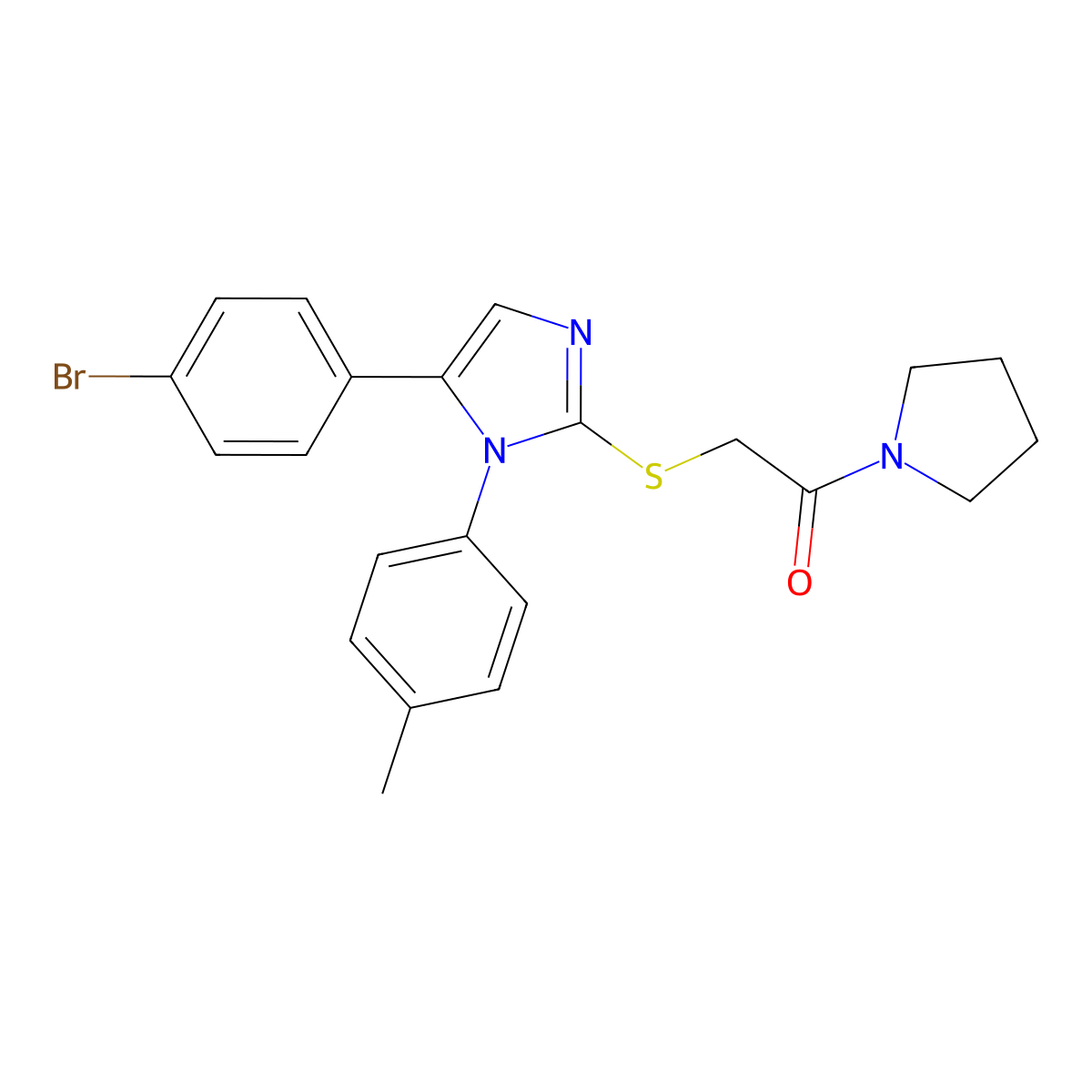 2-((5-(4-bromophenyl)-1-(p-tolyl)-1H-imidazol-2-yl)thio)-1-(pyrrolidin-1-yl)ethanone molecular structure, CAS 1206998-26-6