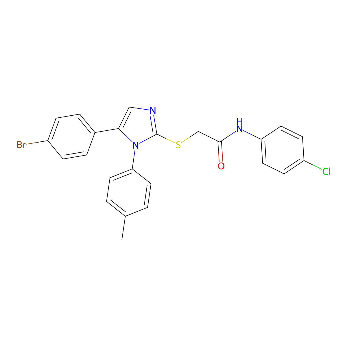 2-((5-(4-bromophenyl)-1-(p-tolyl)-1H-imidazol-2-yl)thio)-N-(4-chlorophenyl)acetamide molecular structure, CAS 1206998-29-9