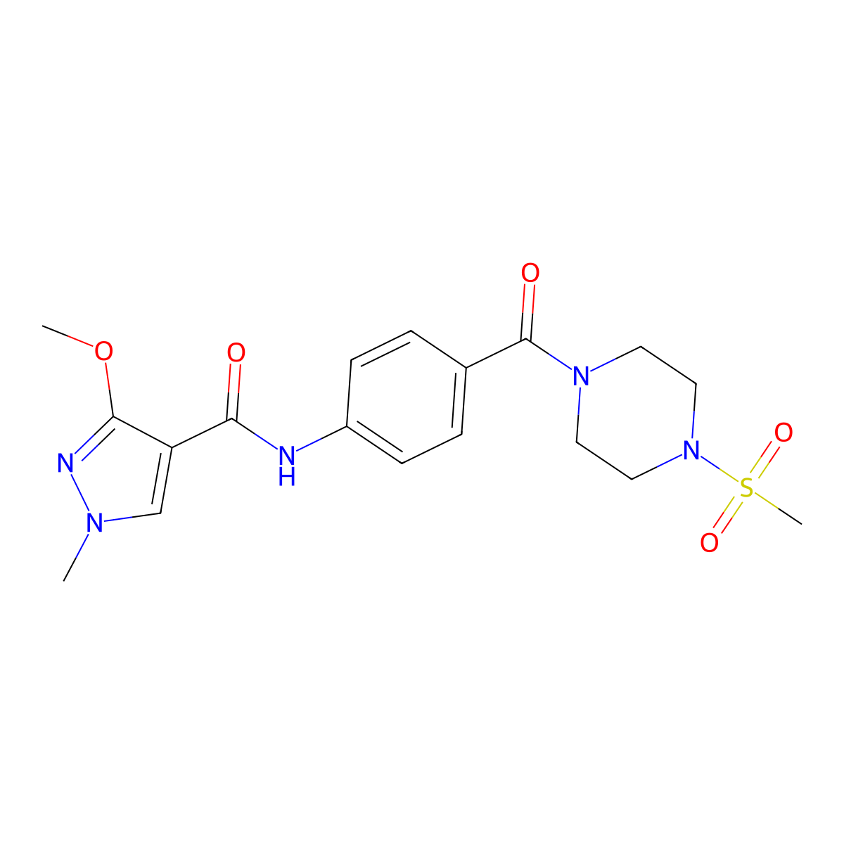 3-methoxy-1-methyl-N-(4-(4-(methylsulfonyl)piperazine-1-carbonyl)phenyl)-1H-pyrazole-4-carboxamide molecular structure, CAS 1206998-31-3