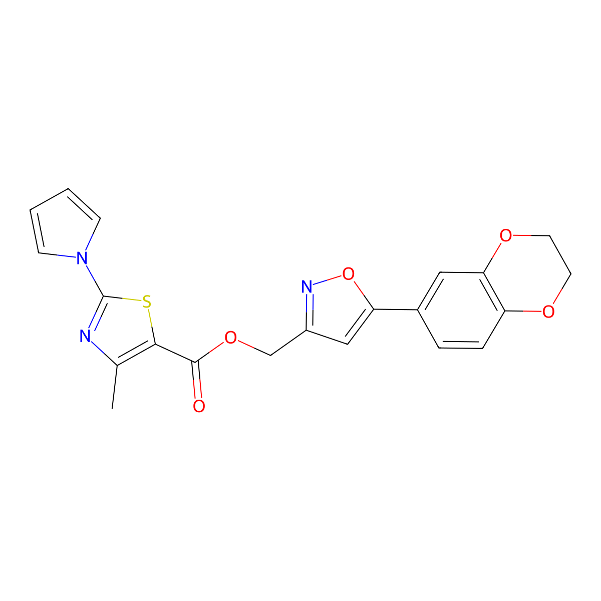 (5-(2,3-dihydrobenzo[b][1,4]dioxin-6-yl)isoxazol-3-yl)methyl 4-methyl-2-(1H-pyrrol-1-yl)thiazole-5-carboxylate molecular structure, CAS 1206998-50-6