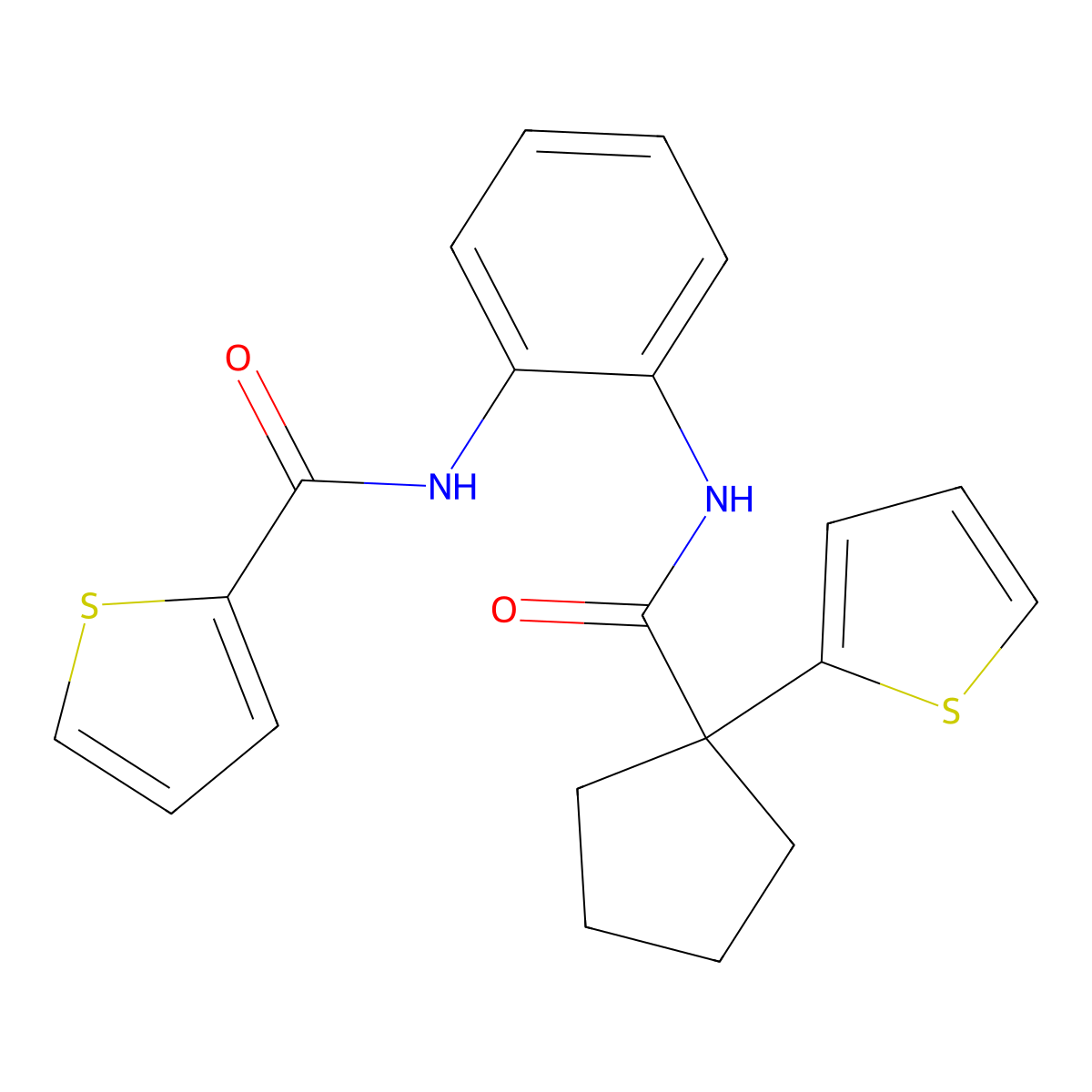 N-(2-(1-(thiophen-2-yl)cyclopentanecarboxamido)phenyl)thiophene-2-carboxamide molecular structure, CAS 1206998-60-8