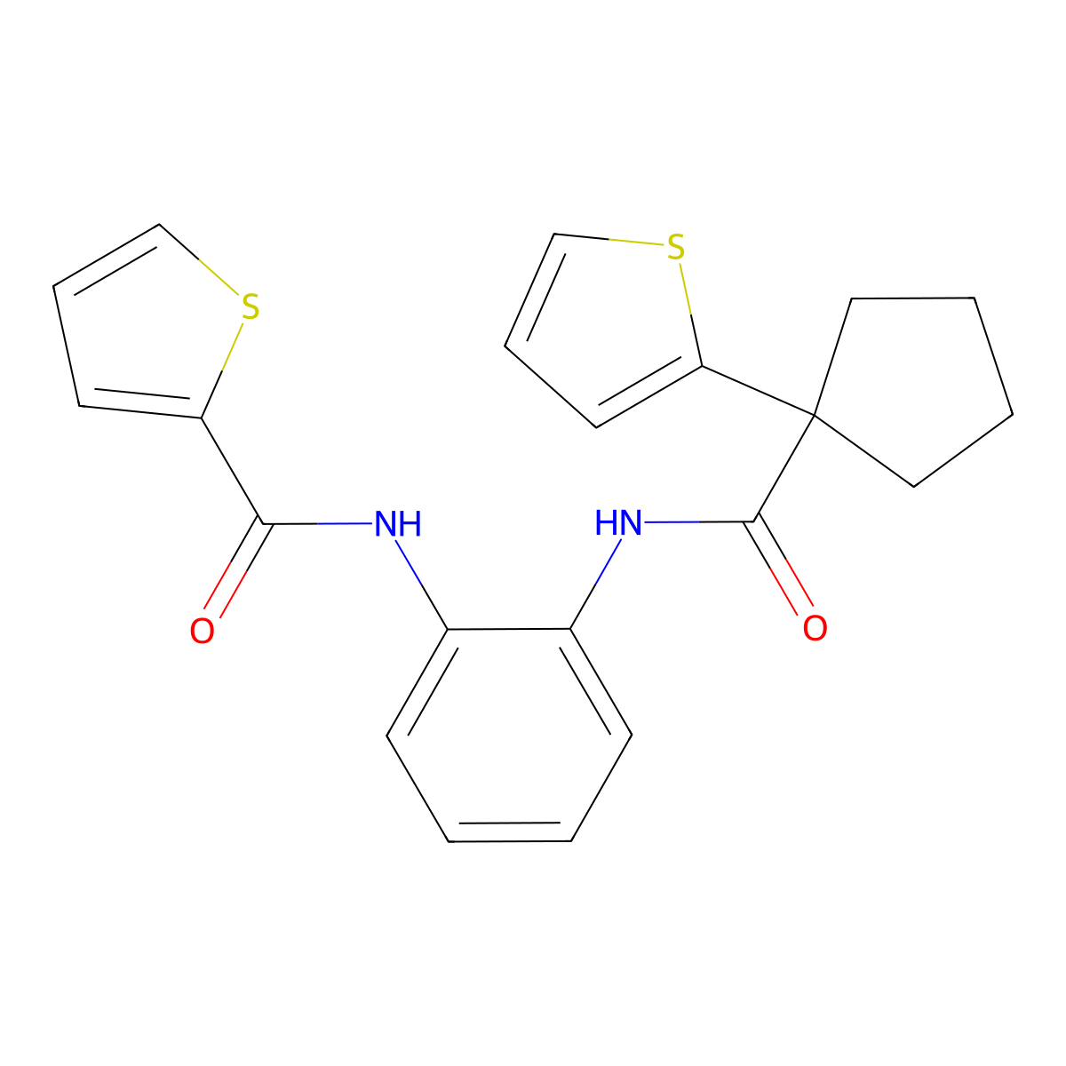 N-(2-(1-(thiophen-2-yl)cyclopentanecarboxamido)phenyl)thiophene-2-carboxamide molecular structure, CAS 1206998-60-8