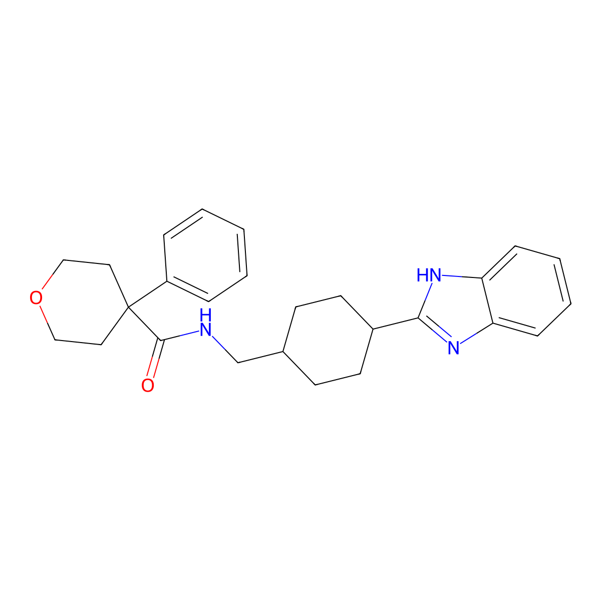 N-((4-(1H-benzo[d]imidazol-2-yl)cyclohexyl)methyl)-4-phenyltetrahydro-2H-pyran-4-carboxamide molecular structure, CAS 1206998-63-1
