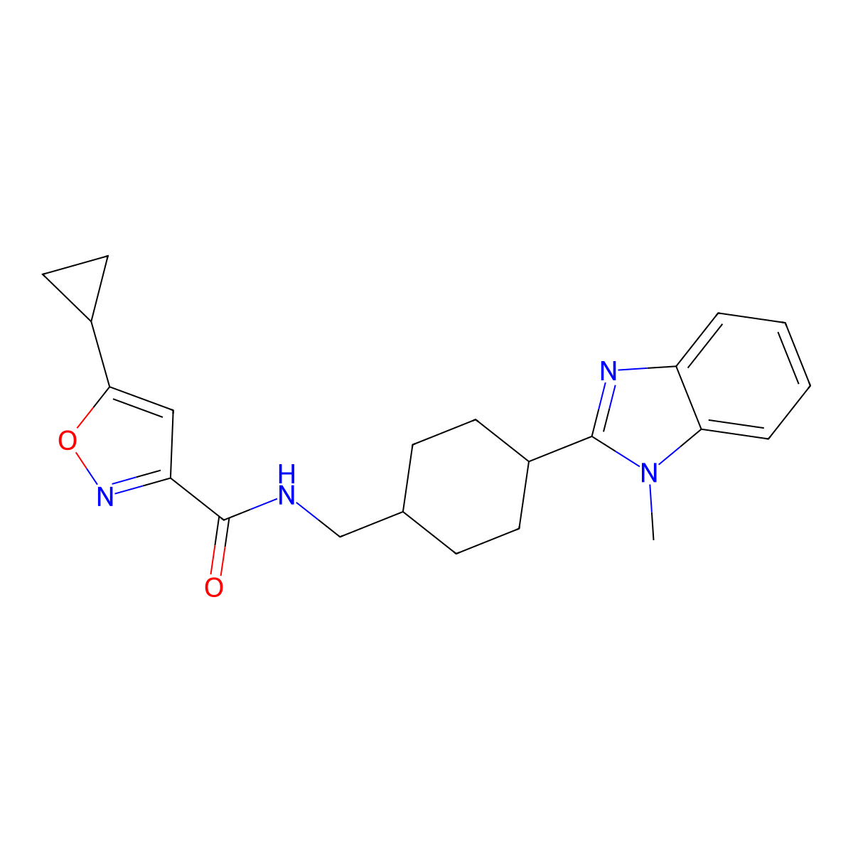 5-cyclopropyl-N-((4-(1-methyl-1H-benzo[d]imidazol-2-yl)cyclohexyl)methyl)isoxazole-3-carboxamide molecular structure, CAS 1206998-73-3