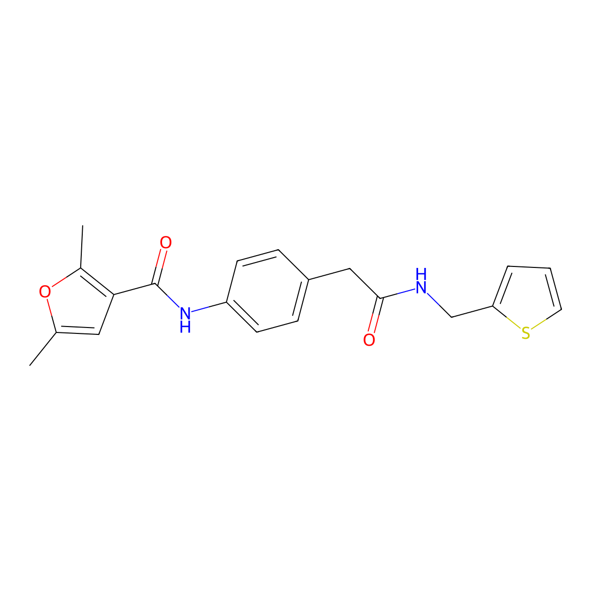 2,5-dimethyl-N-(4-(2-oxo-2-((thiophen-2-ylmethyl)amino)ethyl)phenyl)furan-3-carboxamide molecular structure, CAS 1206998-83-5