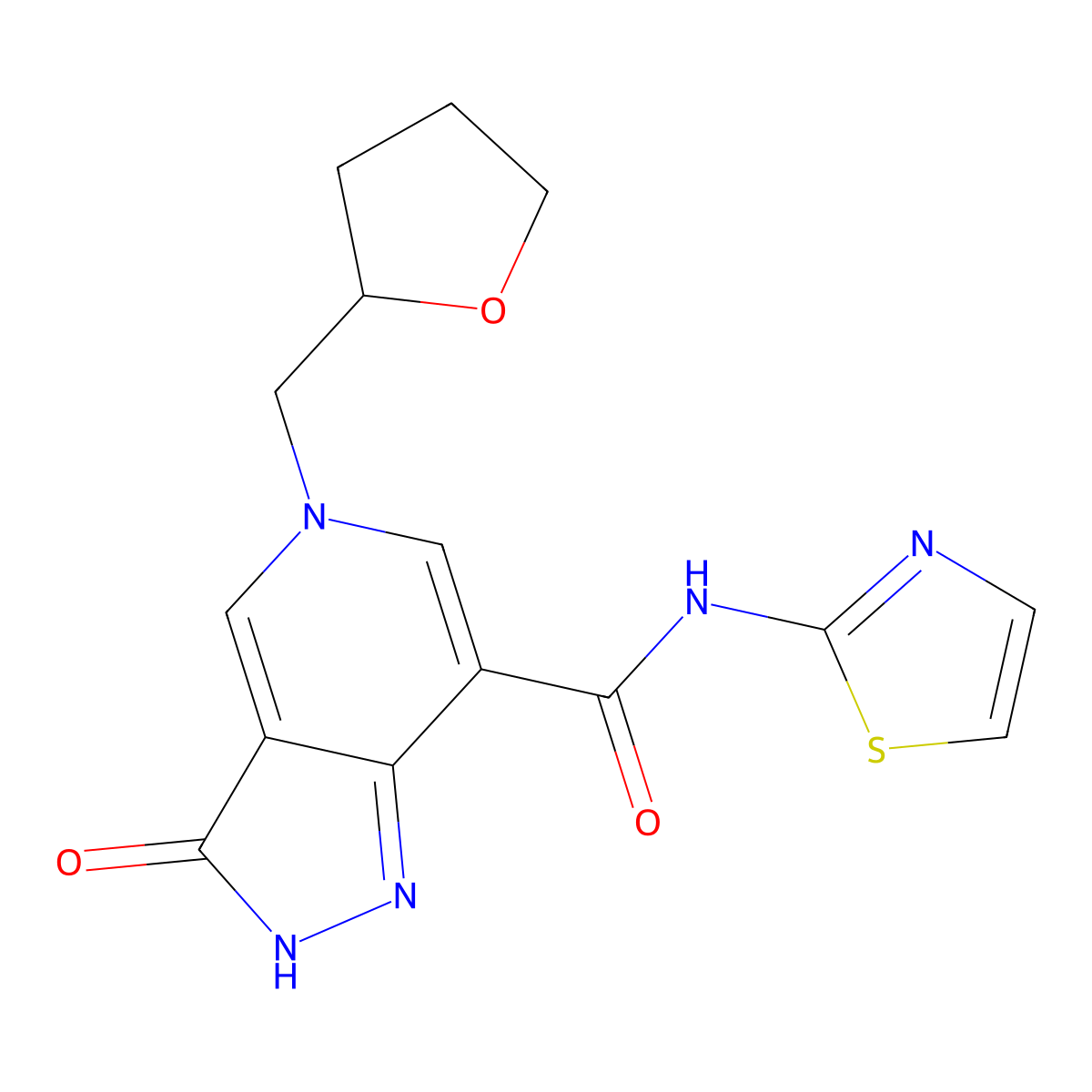 3-oxo-5-((tetrahydrofuran-2-yl)methyl)-N-(thiazol-2-yl)-3,5-dihydro-2H-pyrazolo[4,3-c]pyridine-7-carboxamide molecular structure, CAS 1206998-93-7