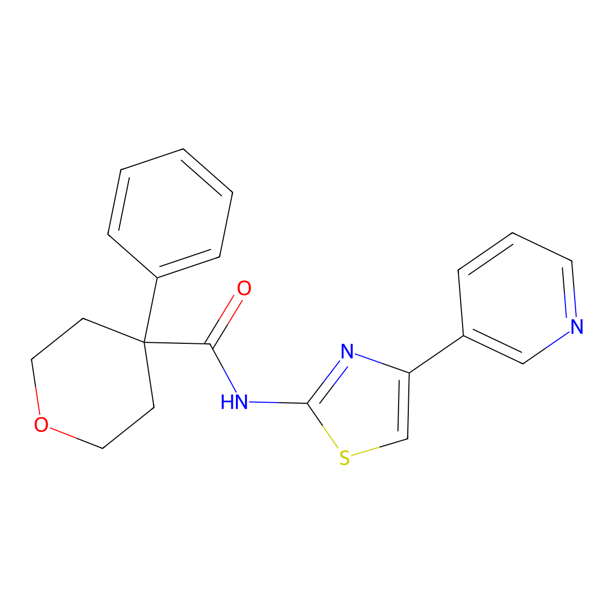 4-phenyl-N-(4-(pyridin-3-yl)thiazol-2-yl)tetrahydro-2H-pyran-4-carboxamide molecular structure, CAS 1206999-04-3