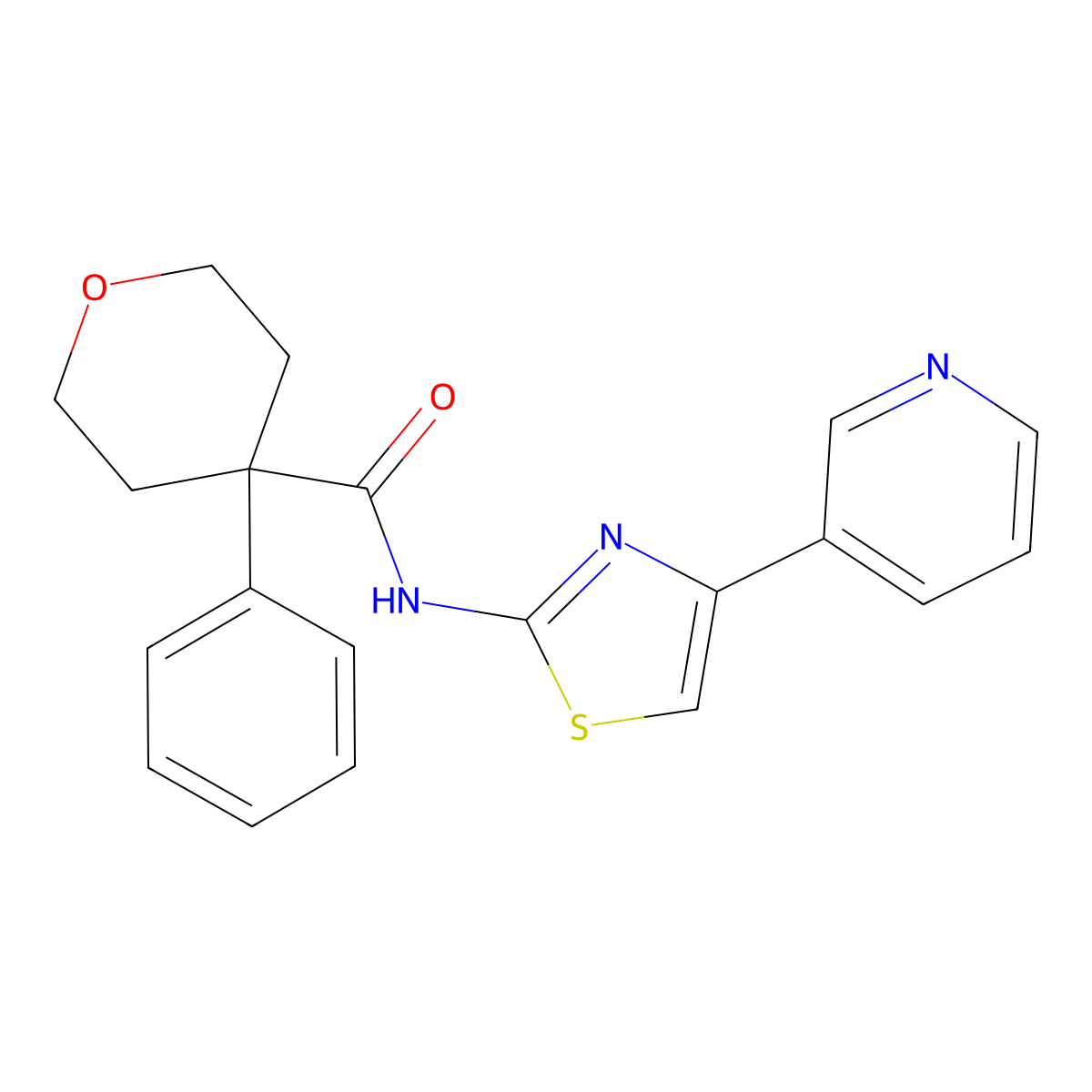 4-phenyl-N-(4-(pyridin-3-yl)thiazol-2-yl)tetrahydro-2H-pyran-4-carboxamide molecular structure, CAS 1206999-04-3