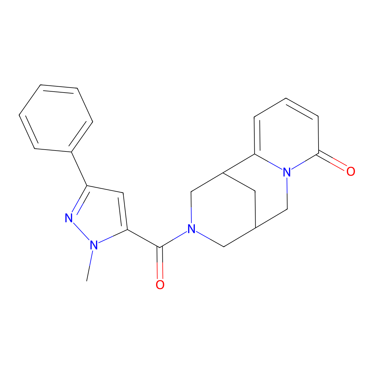 3-(1-methyl-3-phenyl-1H-pyrazole-5-carbonyl)-3,4,5,6-tetrahydro-1H-1,5-methanopyrido[1,2-a][1,5]diazocin-8(2H)-one molecular structure, CAS 1206999-11-2