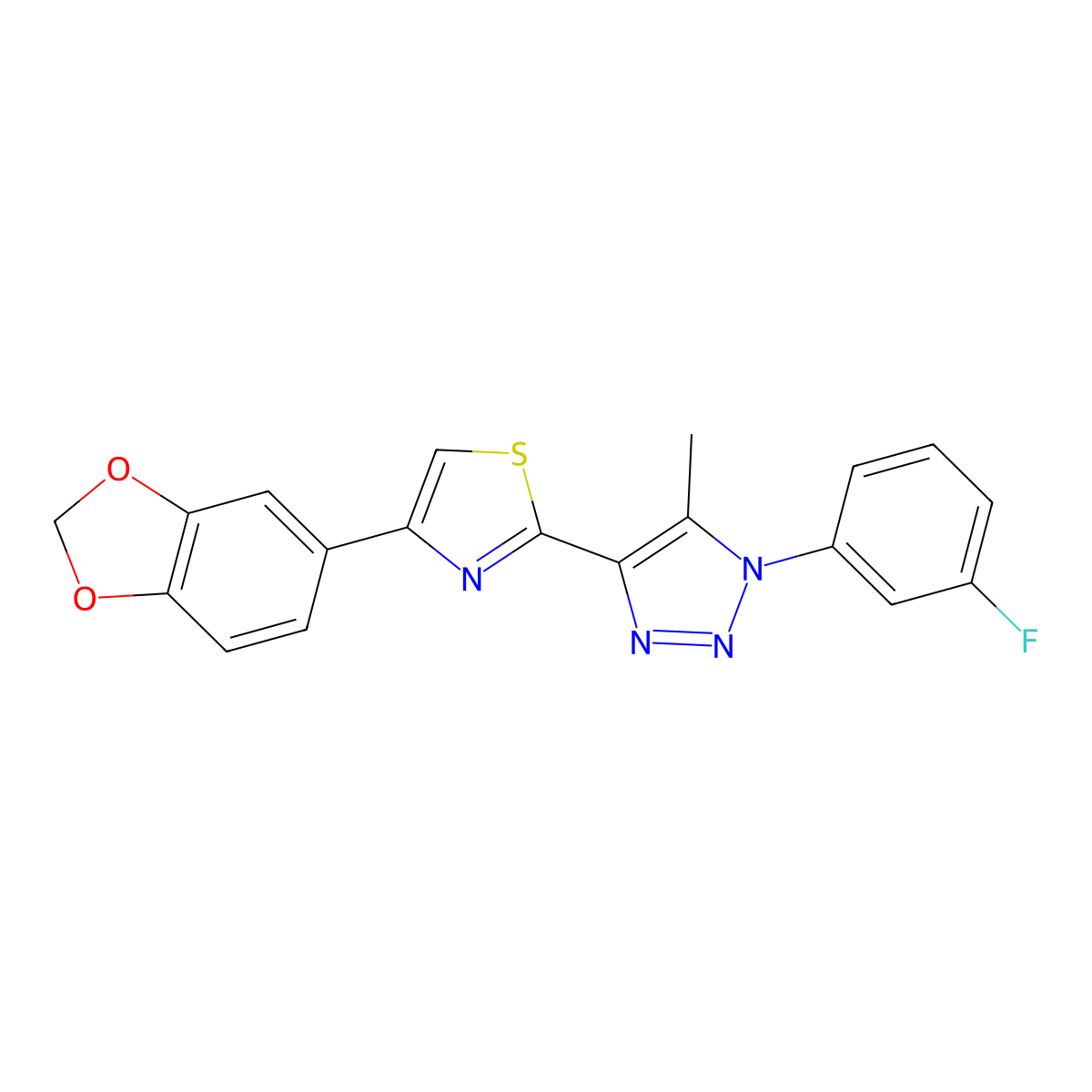 4-(benzo[d][1,3]dioxol-5-yl)-2-(1-(3-fluorophenyl)-5-methyl-1H-1,2,3-triazol-4-yl)thiazole molecular structure, CAS 1206999-20-3