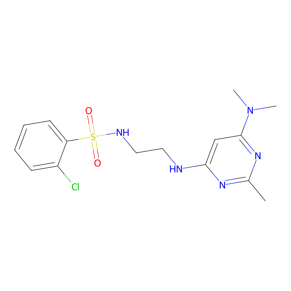 2-chloro-N-(2-((6-(dimethylamino)-2-methylpyrimidin-4-yl)amino)ethyl)benzenesulfonamide molecular structure, CAS 1206999-21-4