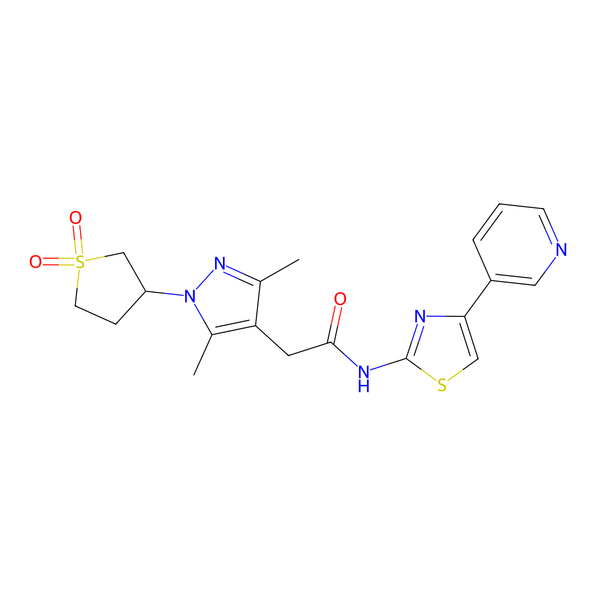 2-(1-(1,1-dioxidotetrahydrothiophen-3-yl)-3,5-dimethyl-1H-pyrazol-4-yl)-N-(4-(pyridin-3-yl)thiazol-2-yl)acetamide molecular structure, CAS 1206999-29-2