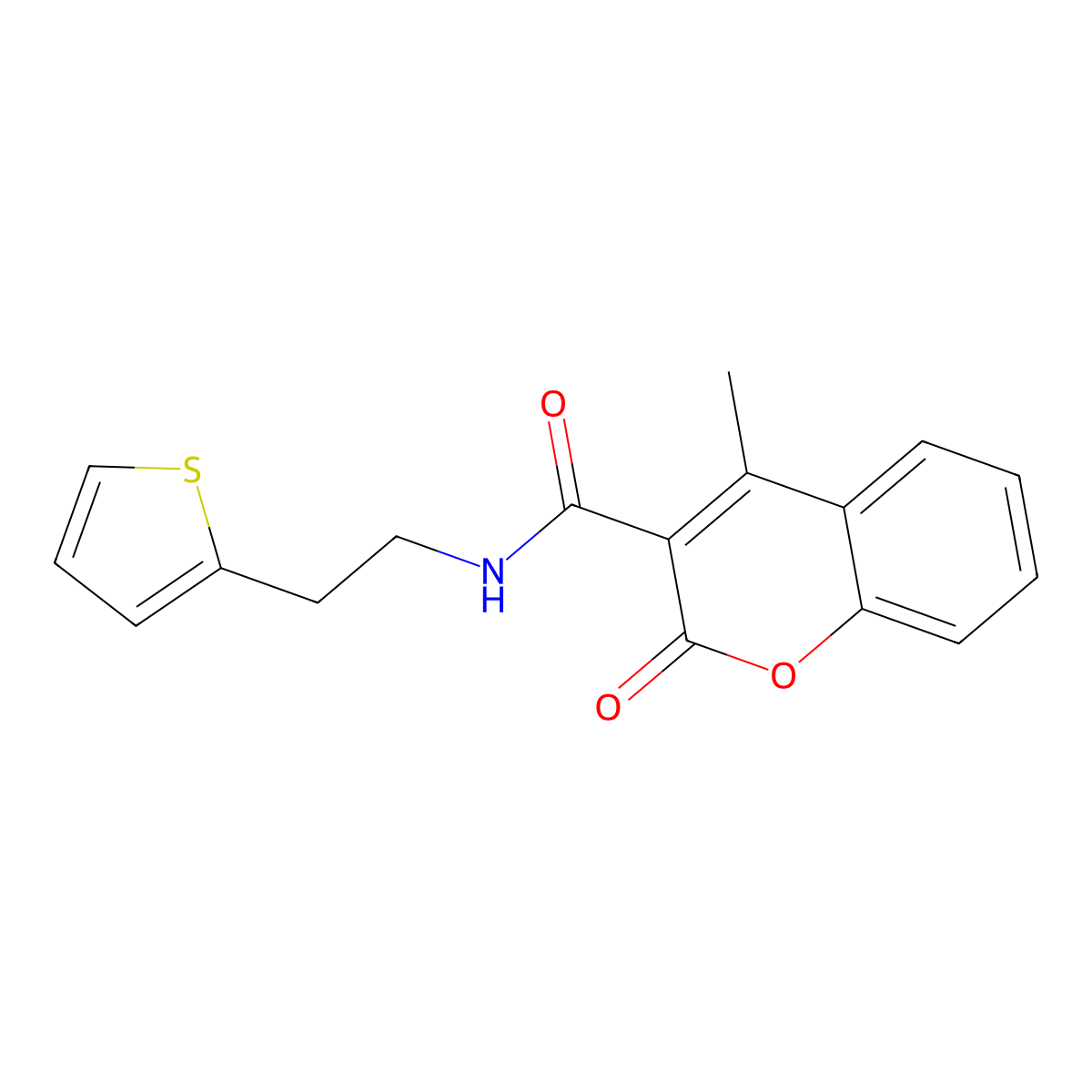 4-methyl-2-oxo-N-(2-(thiophen-2-yl)ethyl)-2H-chromene-3-carboxamide molecular structure, CAS 1206999-30-5