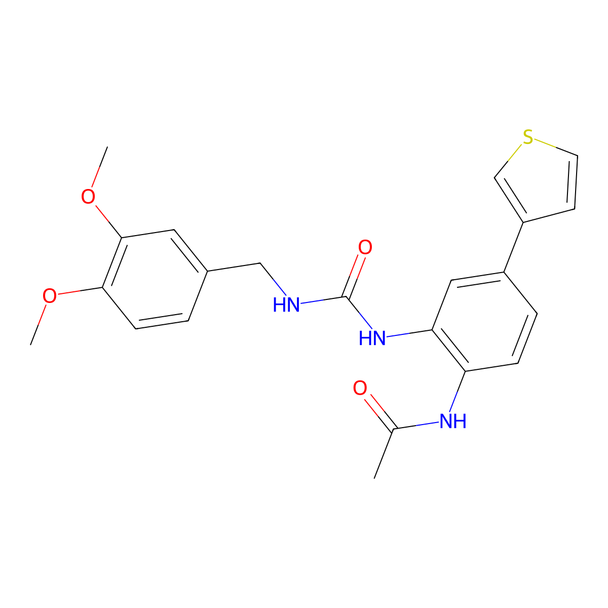 N-(2-(3-(3,4-dimethoxybenzyl)ureido)-4-(thiophen-3-yl)phenyl)acetamide molecular structure, CAS 1206999-34-9