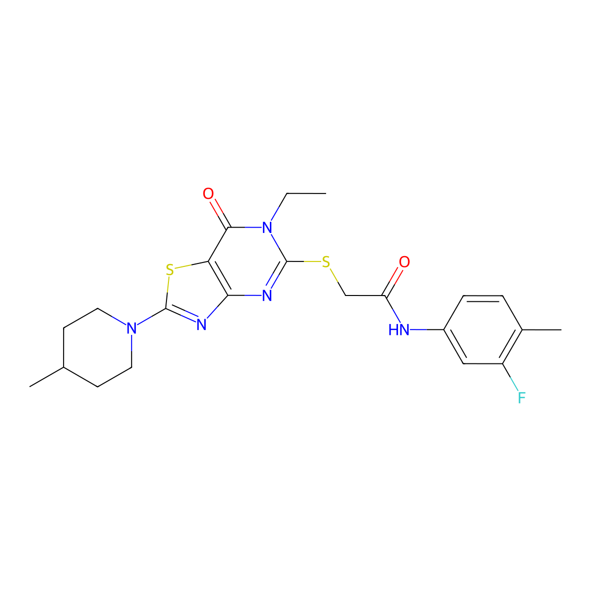 2-{[6-ethyl-2-(4-methylpiperidino)-7-oxo-6,7-dihydro[1,3]thiazolo[4,5-d]pyrimidin-5-yl]sulfanyl}-N~1~-(3-fluoro-4-methylphenyl)acetamide molecular structure, CAS 1206999-36-1