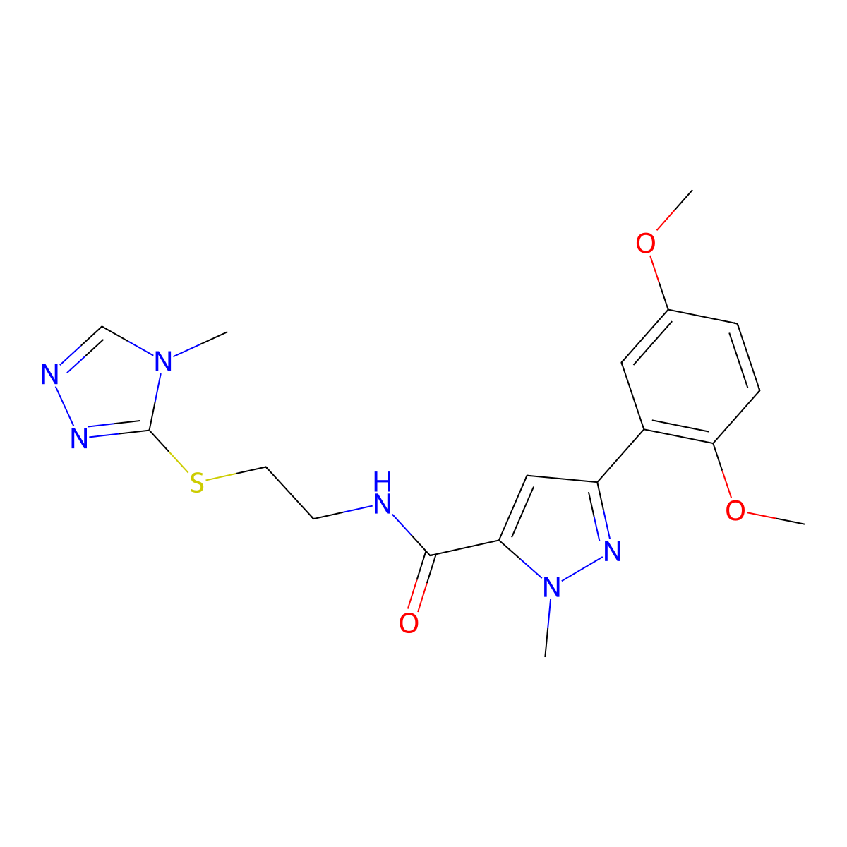 3-(2,5-dimethoxyphenyl)-1-methyl-N-{2-[(4-methyl-4H-1,2,4-triazol-3-yl)sulfanyl]ethyl}-1H-pyrazole-5-carboxamide molecular structure, CAS 1206999-37-2