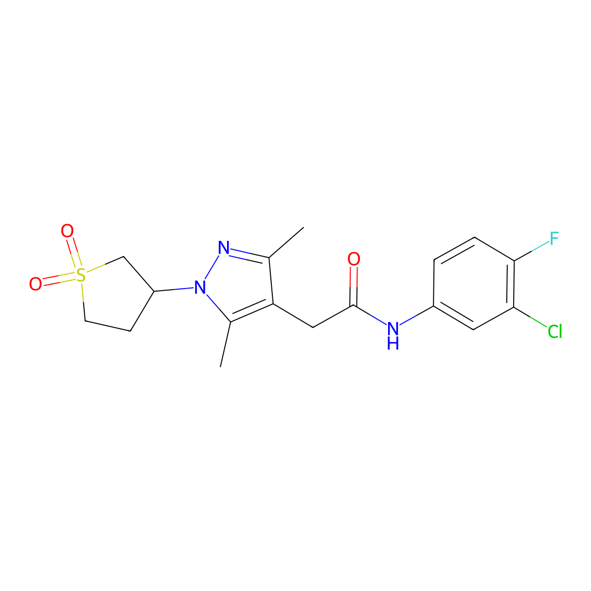N-(3-chloro-4-fluorophenyl)-2-(1-(1,1-dioxidotetrahydrothiophen-3-yl)-3,5-dimethyl-1H-pyrazol-4-yl)acetamide molecular structure, CAS 1206999-38-3