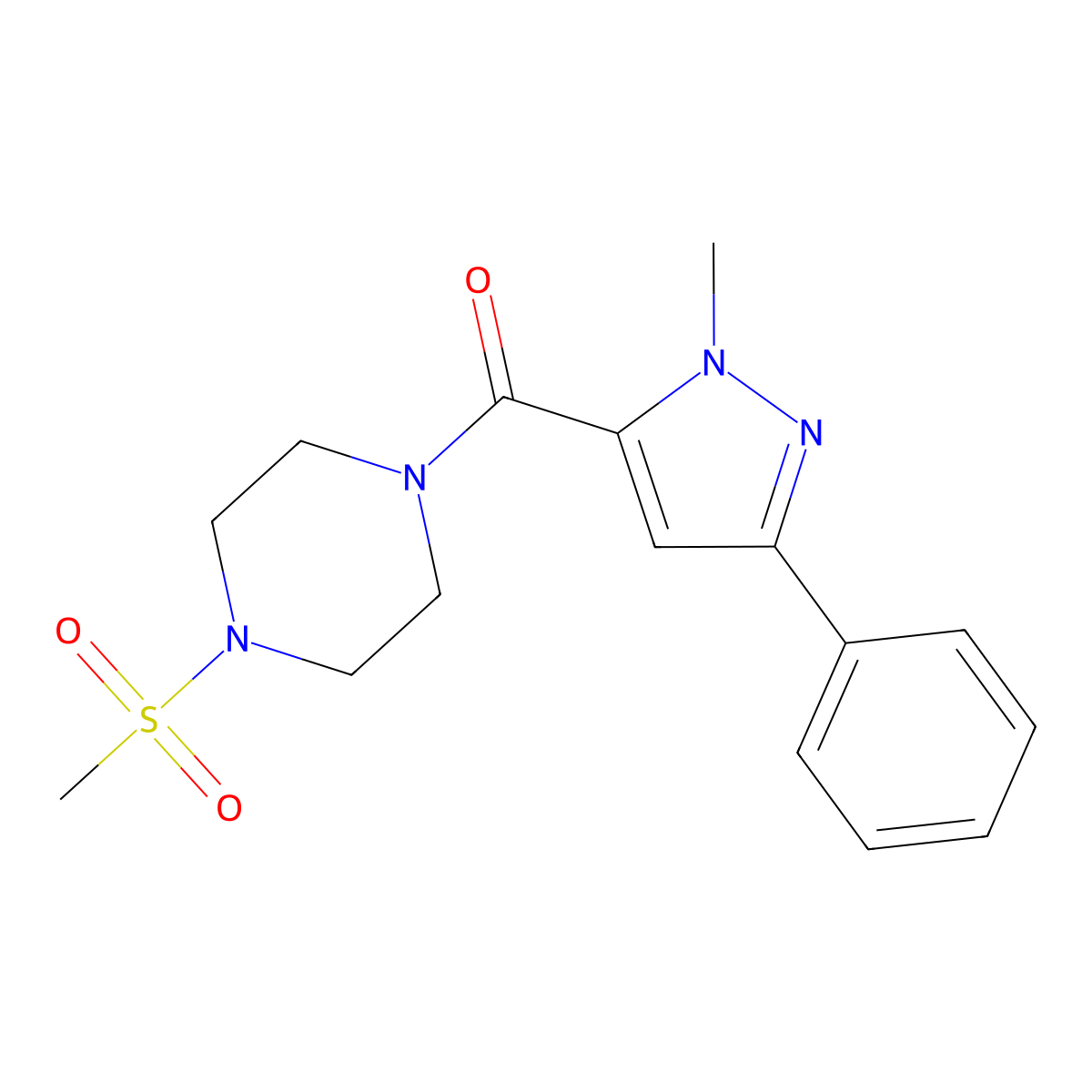 (1-methyl-3-phenyl-1H-pyrazol-5-yl)(4-(methylsulfonyl)piperazin-1-yl)methanone molecular structure, CAS 1206999-40-7