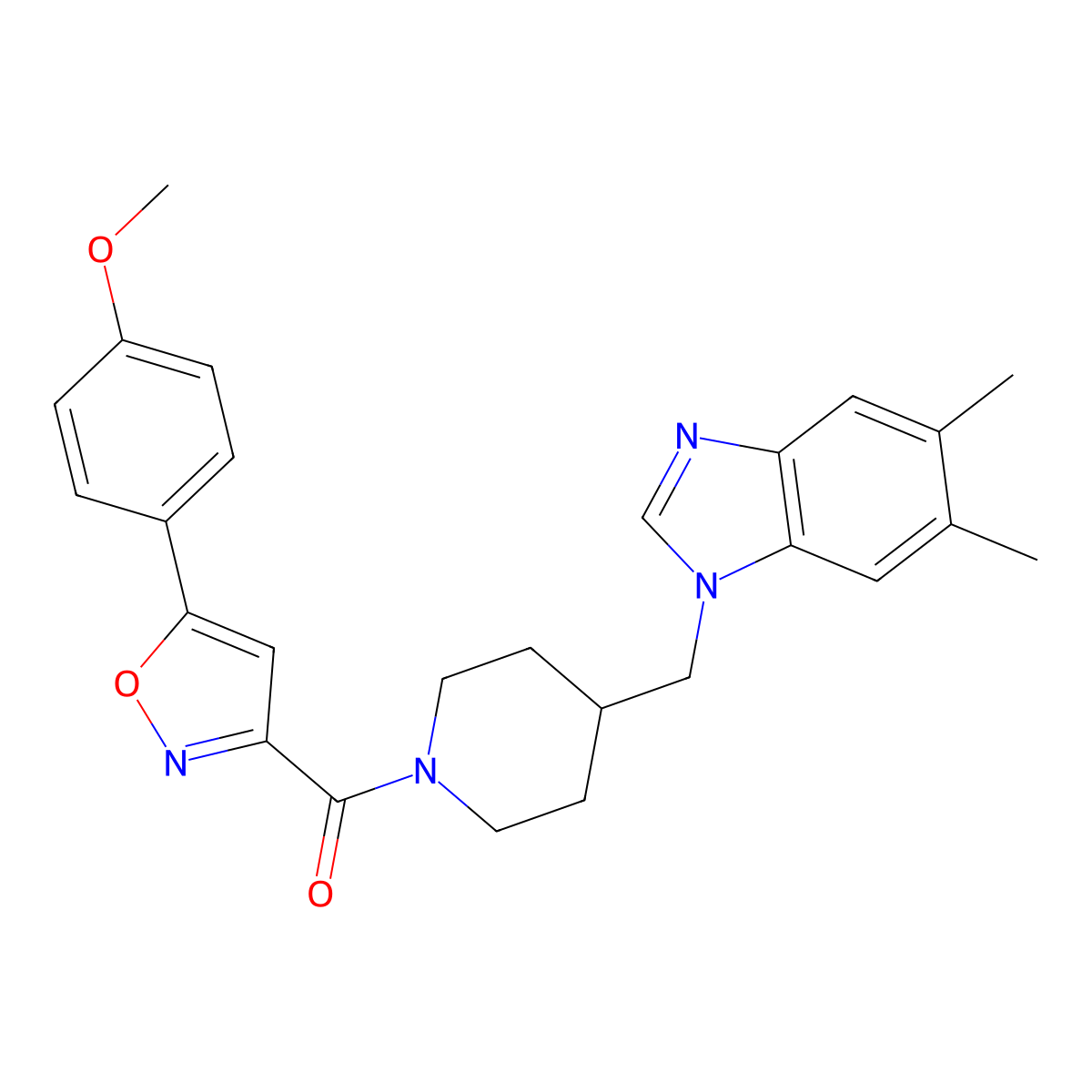 (4-((5,6-dimethyl-1H-benzo[d]imidazol-1-yl)methyl)piperidin-1-yl)(5-(4-methoxyphenyl)isoxazol-3-yl)methanone molecular structure, CAS 1206999-44-1