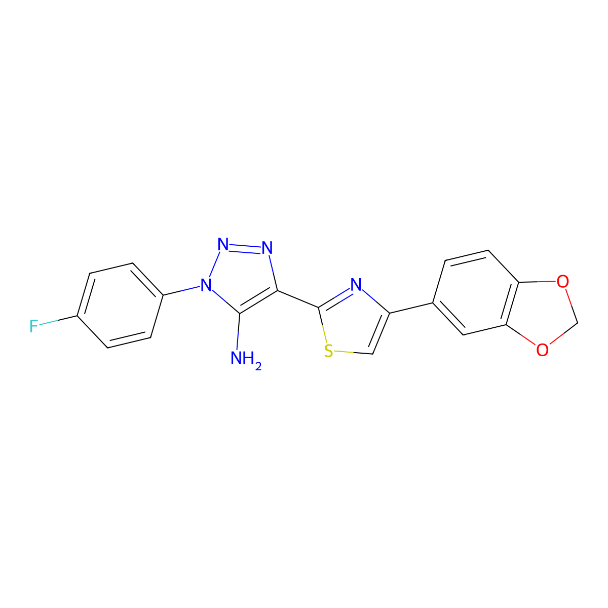 4-(4-(benzo[d][1,3]dioxol-5-yl)thiazol-2-yl)-1-(4-fluorophenyl)-1H-1,2,3-triazol-5-amine molecular structure, CAS 1206999-60-1