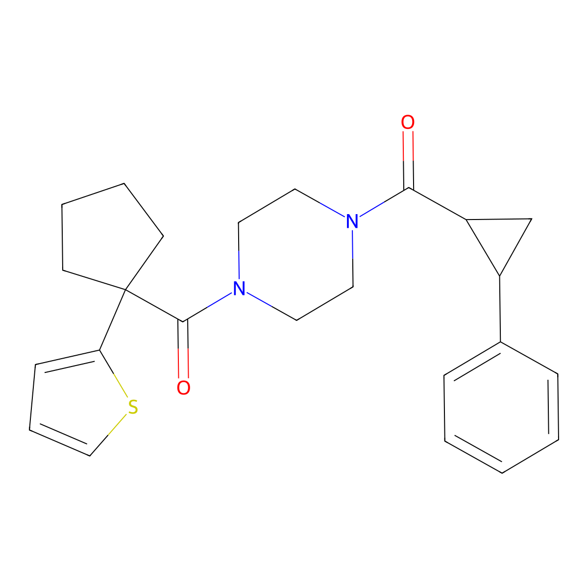(4-(2-Phenylcyclopropanecarbonyl)piperazin-1-yl)(1-(thiophen-2-yl)cyclopentyl)methanone molecular structure, CAS 1206999-74-7