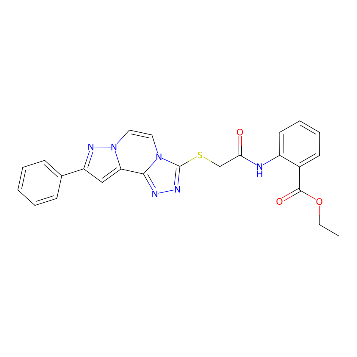 Ethyl 2-(2-((9-phenylpyrazolo[1,5-a][1,2,4]triazolo[3,4-c]pyrazin-3-yl)thio)acetamido)benzoate molecular structure, CAS 1206999-75-8