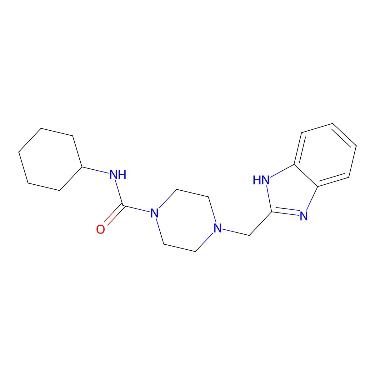 4-((1H-benzo[d]imidazol-2-yl)methyl)-N-cyclohexylpiperazine-1-carboxamide molecular structure, CAS 1206999-81-6