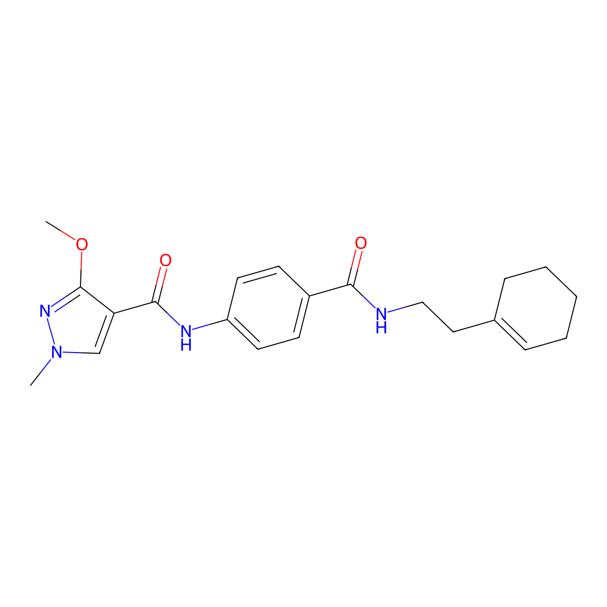 N-(4-((2-(cyclohex-1-en-1-yl)ethyl)carbamoyl)phenyl)-3-methoxy-1-methyl-1H-pyrazole-4-carboxamide molecular structure, CAS 1207000-02-9