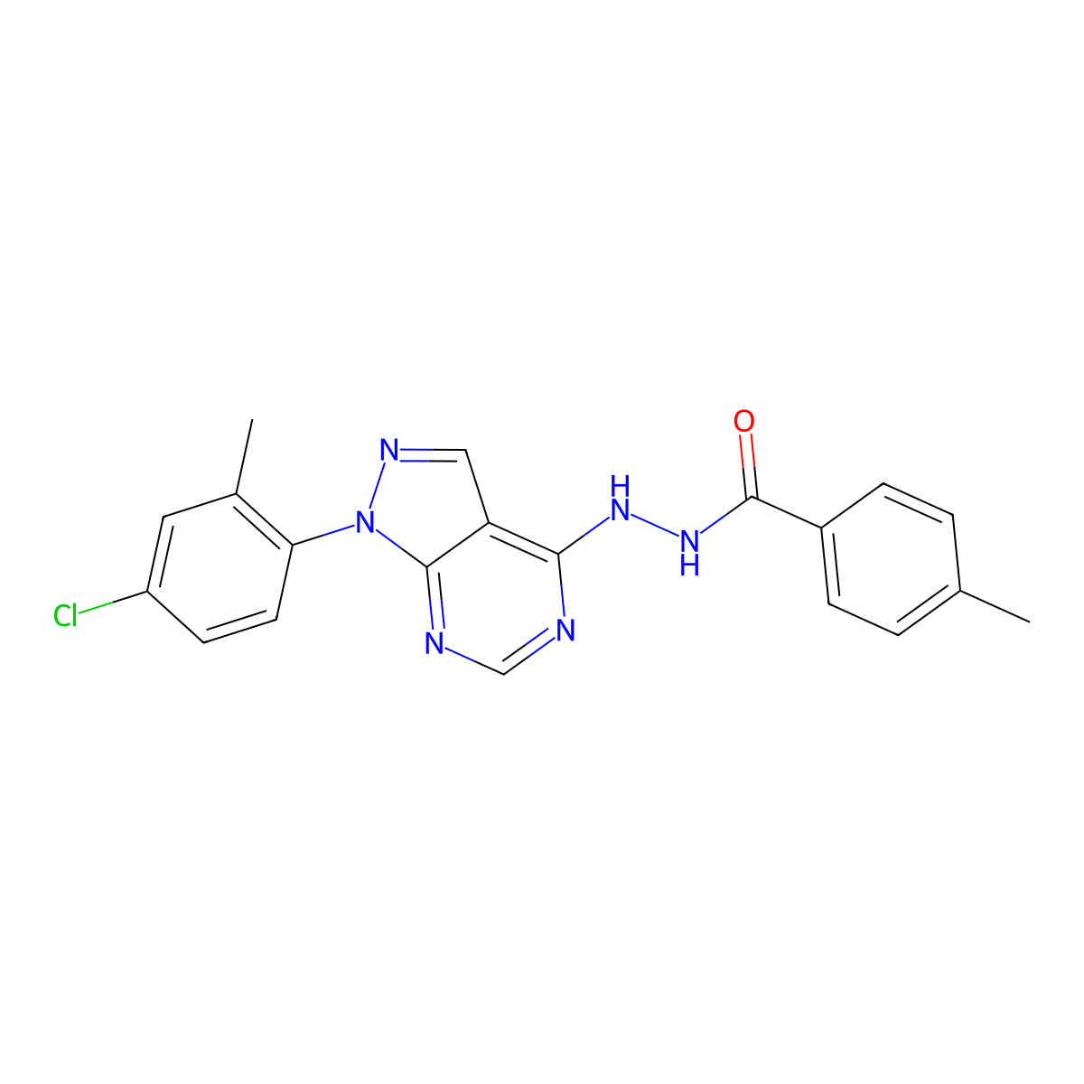 N'-(1-(4-chloro-2-methylphenyl)-1H-pyrazolo[3,4-d]pyrimidin-4-yl)-4-methylbenzohydrazide molecular structure, CAS 1207000-18-7