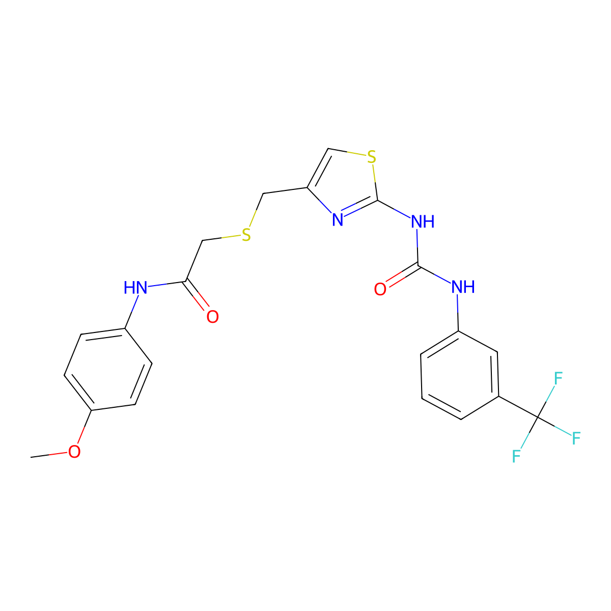 N-(4-methoxyphenyl)-2-(((2-(3-(3-(trifluoromethyl)phenyl)ureido)thiazol-4-yl)methyl)thio)acetamide molecular structure, CAS 1207000-24-5