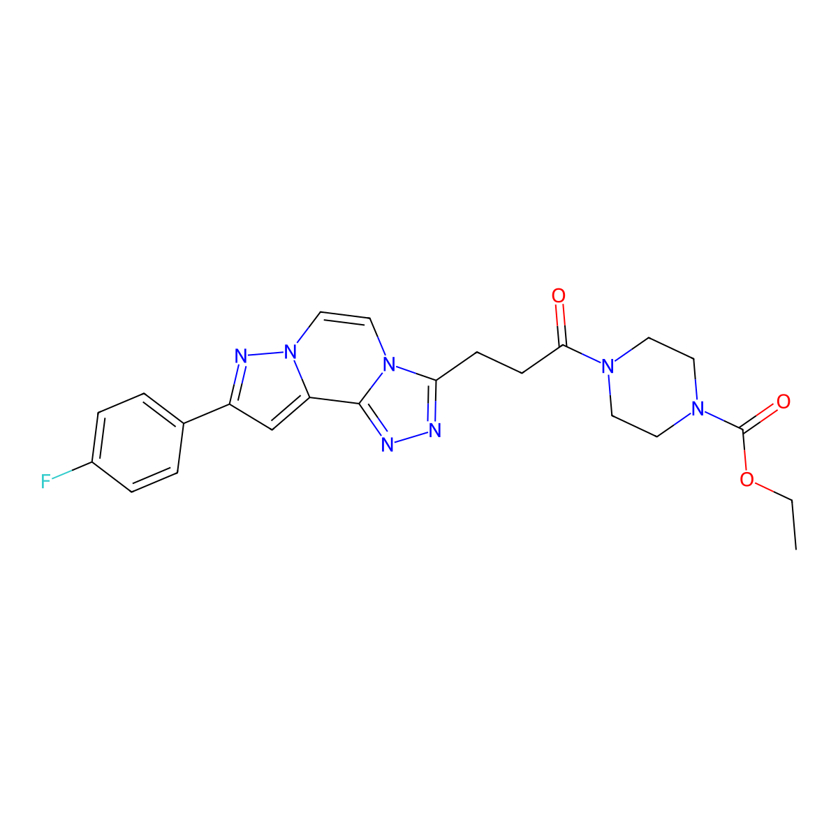Ethyl 4-[3-[11-(4-fluorophenyl)-3,4,6,9,10-pentazatricyclo[7.3.0.02,6]dodeca-1(12),2,4,7,10-pentaen-5-yl]propanoyl]piperazine-1-carboxylate molecular structure, CAS 1207000-26-7