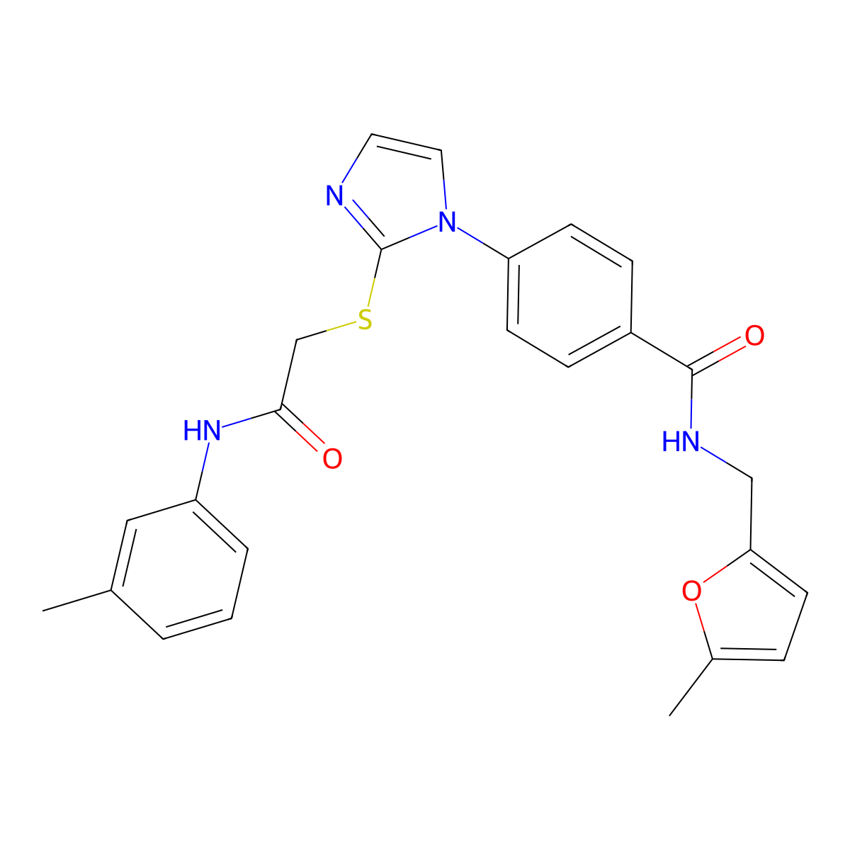 N-[(5-methylfuran-2-yl)methyl]-4-[2-({[(3-methylphenyl)carbamoyl]methyl}sulfanyl)-1H-imidazol-1-yl]benzamide molecular structure, CAS 1207000-28-9