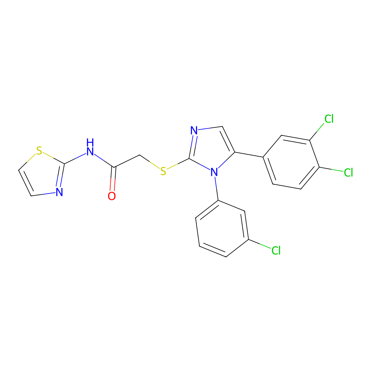 2-((1-(3-chlorophenyl)-5-(3,4-dichlorophenyl)-1H-imidazol-2-yl)thio)-N-(thiazol-2-yl)acetamide molecular structure, CAS 1207000-35-8