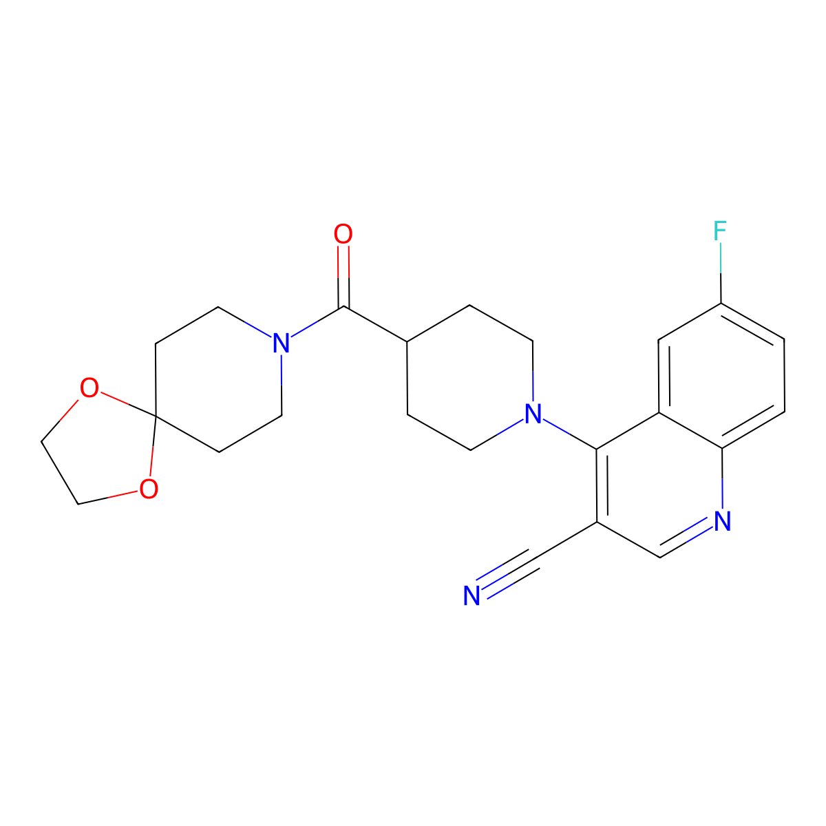 4-(4-(1,4-Dioxa-8-azaspiro[4.5]decane-8-carbonyl)piperidin-1-yl)-6-fluoroquinoline-3-carbonitrile molecular structure, CAS 1207000-58-5