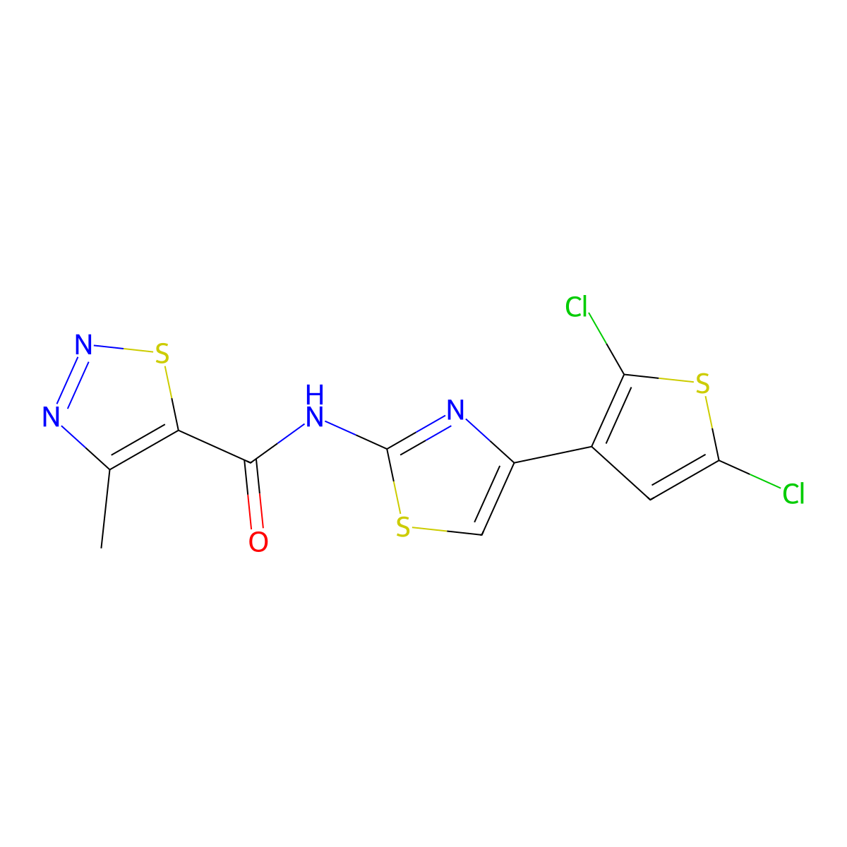 N-(4-(2,5-dichlorothiophen-3-yl)thiazol-2-yl)-4-methyl-1,2,3-thiadiazole-5-carboxamide molecular structure, CAS 1207000-61-0