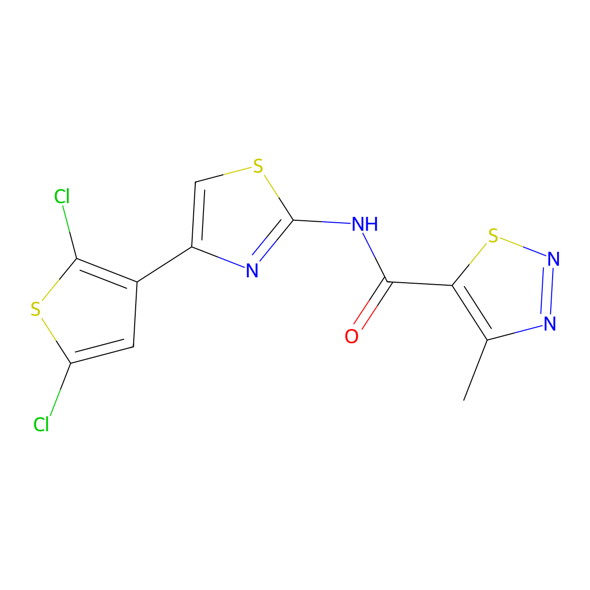 N-(4-(2,5-dichlorothiophen-3-yl)thiazol-2-yl)-4-methyl-1,2,3-thiadiazole-5-carboxamide molecular structure, CAS 1207000-61-0
