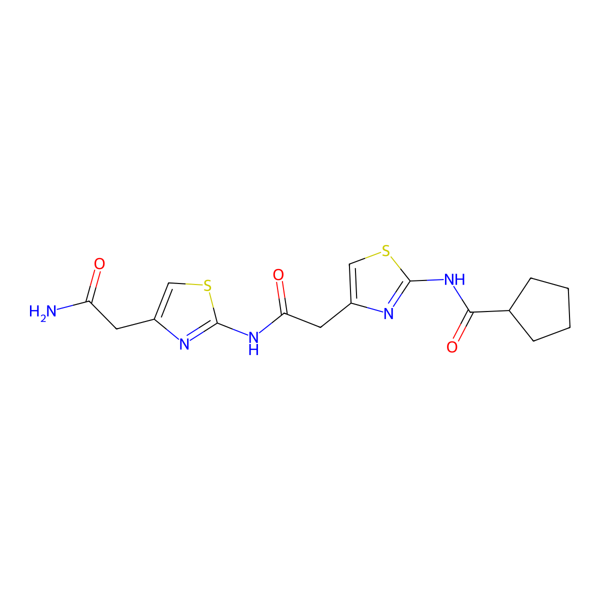 N-(4-(2-((4-(2-amino-2-oxoethyl)thiazol-2-yl)amino)-2-oxoethyl)thiazol-2-yl)cyclopentanecarboxamide molecular structure, CAS 1207000-72-3