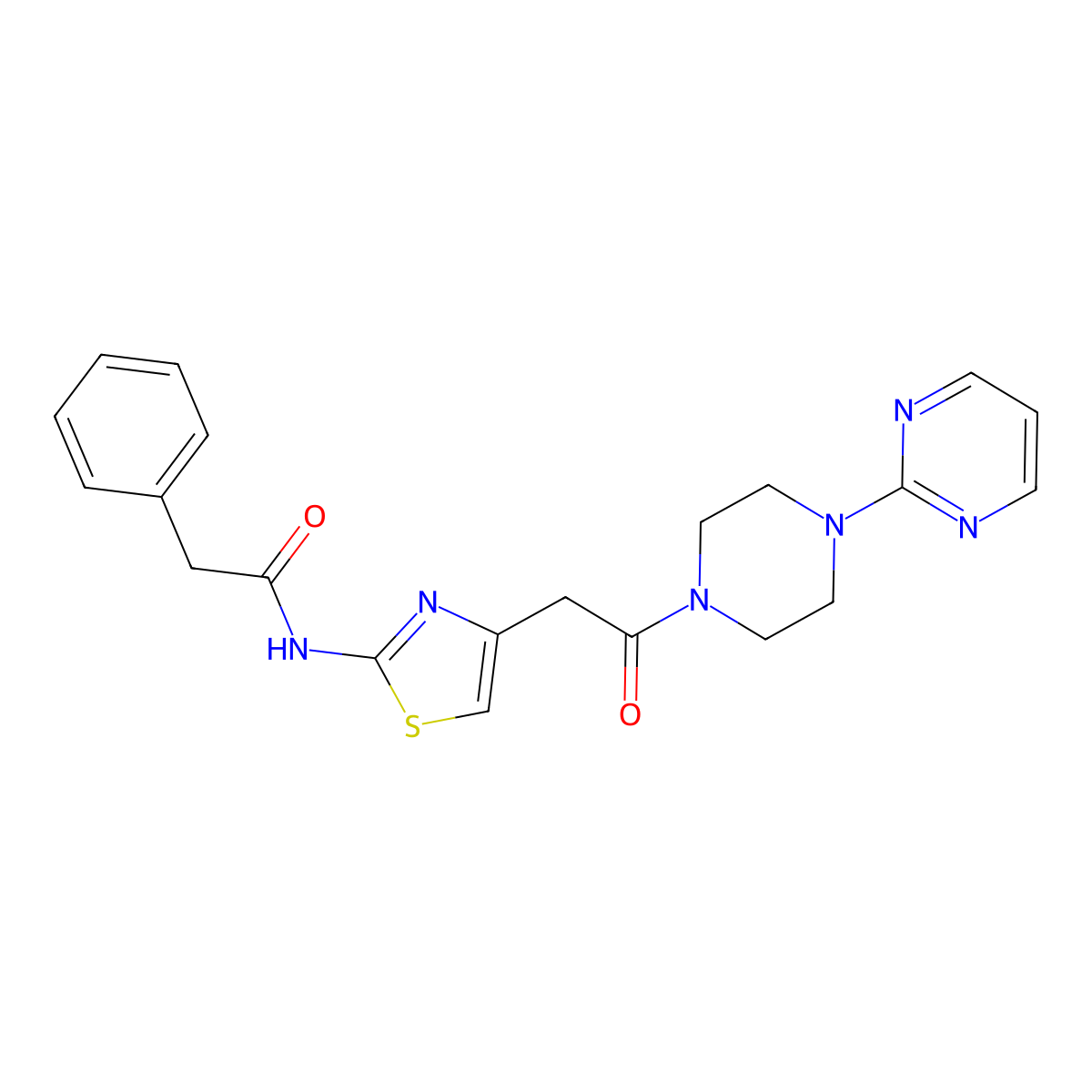 N-(4-(2-oxo-2-(4-(pyrimidin-2-yl)piperazin-1-yl)ethyl)thiazol-2-yl)-2-phenylacetamide molecular structure, CAS 1207000-79-0