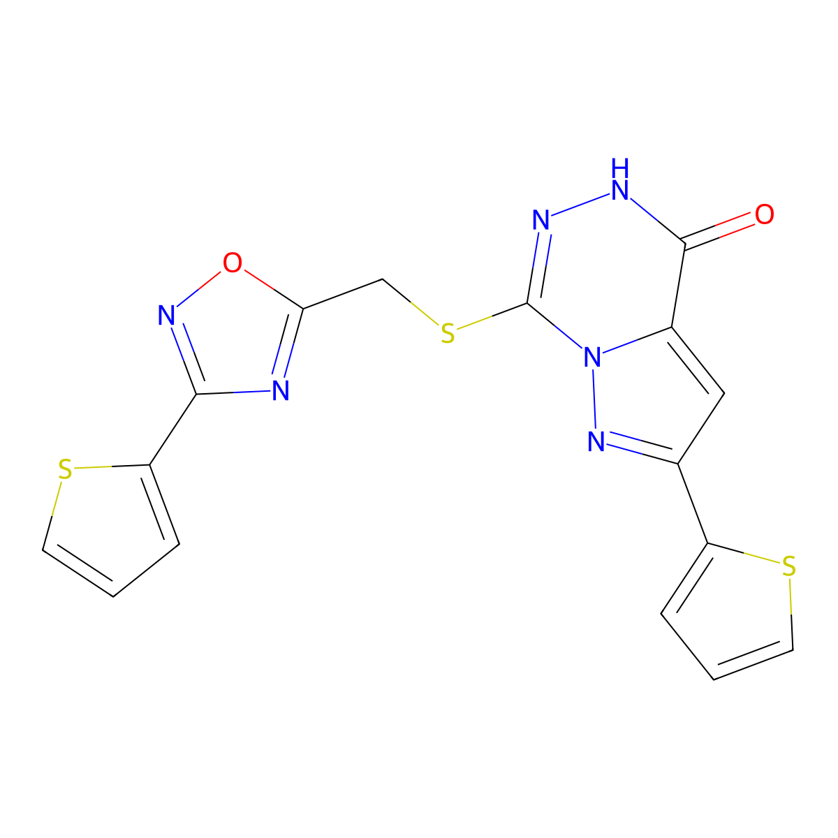 2-(2-thienyl)-7-({[3-(2-thienyl)-1,2,4-oxadiazol-5-yl]methyl}thio)pyrazolo[1,5-d][1,2,4]triazin-4(5H)-one molecular structure, CAS 1207000-88-1